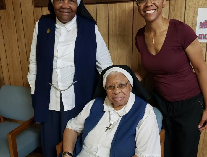 Camelia Taylor with Sr. Dorthy, OSP (seated) and Sr. Avila, OSP (standing)